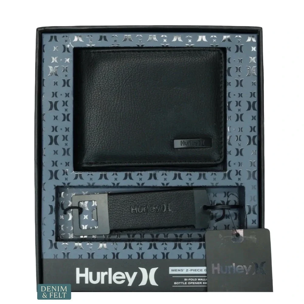 NEW Hurley RFID Bifold Wallet & Bottle Opener Keychain Gift Set Black